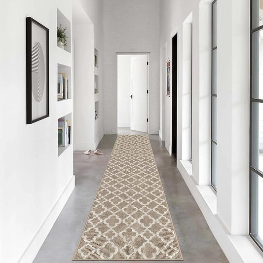 U'Artlines Long Runner Rug for Hallway 2×10feet Non Slip Kitchen Floor Carpet Runners Beige Geometric Pattern Machine Washable Area Rug for Entryway Bathroom