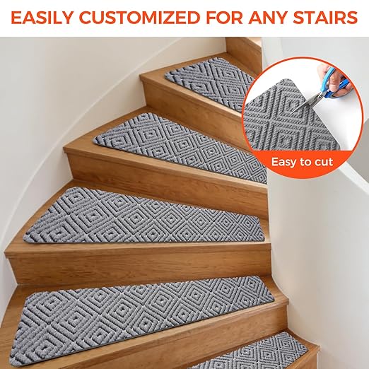 BAGAIL 15 Pack Non-Slip Stair Treads for Wooden Steps, 8"x30" Peel and Stick Carpet Stair Runners, Machine Washable Indoor Step Covers with No-Residue Adhesive for Dogs, Kids & Elderly - Light Gray