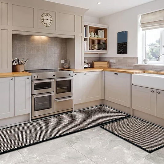 Artoid Mode Washable Non-Skid Kitchen Rugs and Mats Set of 2, Rubber Backing Home Decor Kitchen Mats for Floor Front of Sink Black - 17x29 and 17x60 Inch