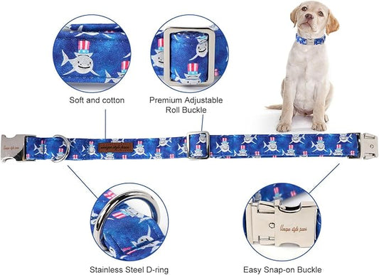 Unique style paws Independence Day Dog Collar Metal Buckle Hat Shark Collar Gift Durable Cute Collar for Small Medium Large Boys Girls Dogs