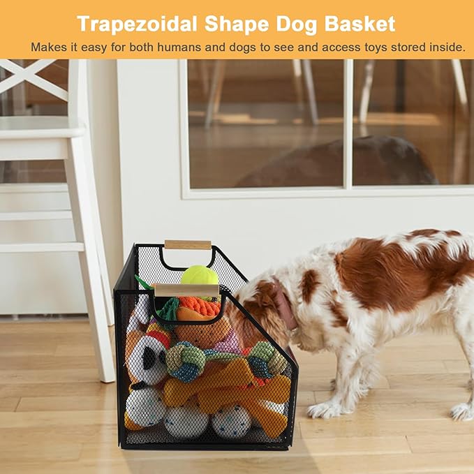 Metal Dog Toy Basket Collapsible,Mesh Wire Pet Toy Basket,Trapezoidal Cat Toy Bin with Wooden Handles,Dog Storage Organizer,Ideal for Pet Accessories-Easy Access