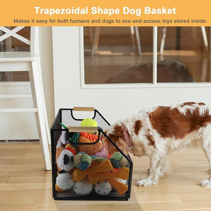 Metal Dog Toy Basket Collapsible,Mesh Wire Pet Toy Basket,Trapezoidal Cat Toy Bin with Wooden Handles,Dog Storage Organizer,Ideal for Pet Accessories-Easy Access