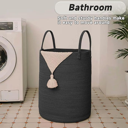 Large Woven Laundry Basket Hamper,60L Cotton Rope Storage Bin for Blankets,Toys and Clothes,Decorative Tall Nursery Hamper for Living Room,Baby Nursery,Bathroom and Bedroom,Black