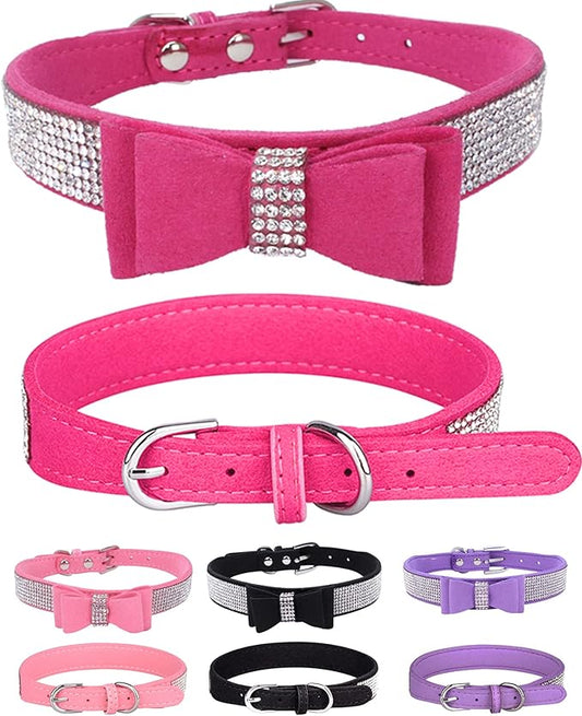 Bling Dog Collar for Small Medium Large Dogs, Crown Rhinestone Dog Collars for Girl and boy Dog, Diamond Puppy Collars, Adjustable Leather Suede SOFE Cat Collar (XS(8.2"-10.6"/21CM-27CM), Rose Red3)