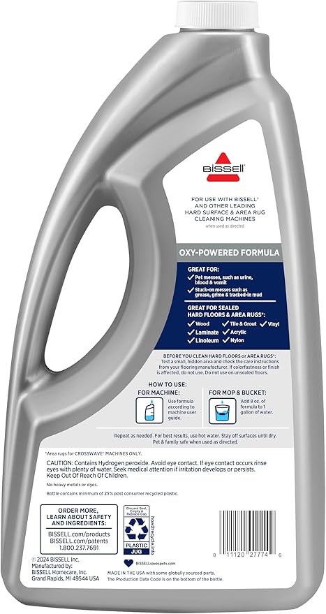 Bissell CrossWave PET PRO OXY Multi-Surface Formula, 40191, 64 oz, Removes Stuck-On Stains like Dirt, Grease, and Grime from Sealed Hard Floors and Grout, Patented Odor Elimation Technology
