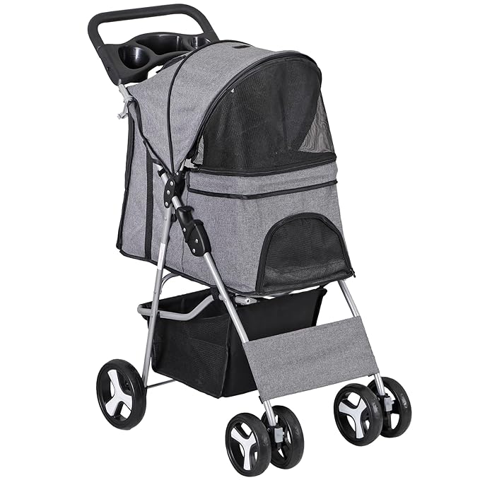 4 Wheels Dog Stroller Folding Pet Strolling Cart for Small Medium Cats Puppies Portable Jogger Travel Camping Puppy Carrier with Storage Basket Cup Holder, Gray
