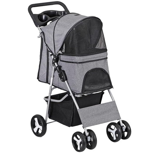4 Wheels Dog Stroller Folding Pet Strolling Cart for Small Medium Cats Puppies Portable Jogger Travel Camping Puppy Carrier with Storage Basket Cup Holder, Gray