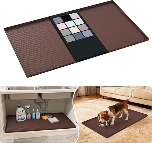 URMONA Waterproof Silicone Under Sink Mat 37'' x 22'' Shelf Liner for Kitchen and Bathroom, Cabinet and Counter Protector, Storage and Organizers, Litter Mat, Pet Cat Puppy Essentials(Brown)