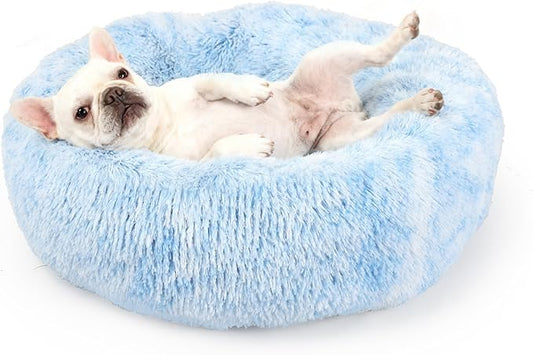 Calming Donut Dogs Beds for Small Dogs Washable,23inch Plush Round Pet Bed for Cozy Sleep,Fluffy Faux Fur Large Cat Bed,Fits up to 25 lbs Pets,Gradient Blue
