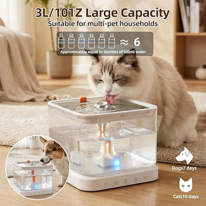 Wireless Cat Water Fountain,Cat Water Fountain 3L/101oz Large Capacity Battery Operated Pet Water Fountain Indoor with Motion Sensor for Cats Dogs BPA-Free