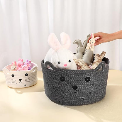 Zopeal Cat Basket Storage Woven Organizer with Ears Easter Decorative Pet Toy Cute Cotton Rope Basket for Gift Cat Dog Toy Bin Nursery Room(13.7 x 7.8 Inch,Dark Grey)