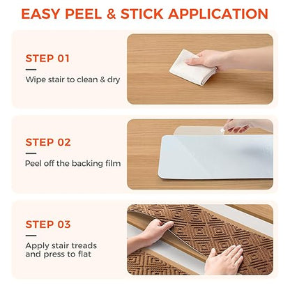 BAGAIL 15 Pack Non-Slip Stair Treads for Wooden Steps, 8"x30" Peel and Stick Carpet Stair Runners, Machine Washable Indoor Step Covers with No-Residue Adhesive for Dogs, Kids & Elderly - Brown