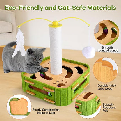 5-in-1 Cat Toys Interactive Wooden Cat Puzzle Toy Intelligence Treat Puzzle Feeder Box Game Enrichment Accessories with Jingle Balls, Wands, and Spiral Springs for Indoor Kitten Adult Cat