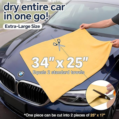 Premium Extra Large Shammy Cloth for Car Drying (34”x25”)-Super Absorbent XL Chamois Towel for Car-Reusable Shammy Towel for Car, Bathroom,Pets, Dust Remove, No Spots/Streak/Scratch