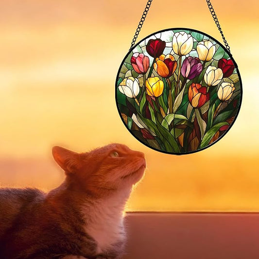 Stained Glass Window Hanging Colorful Tulip 9.8" - Flower Suncatcher Door Garden Sun Catcher Home Plant Decor Birthday Mother's Day for Mom Woman Friend Nana Colleague