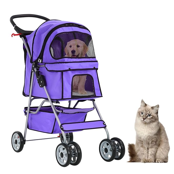 Pet Stroller for Small Medium Dogs & Cats, 4-Wheel Breathable Compact Foldable Dog Carrier with Storage Basket, Outdoor Portable Lightweight Travel Stroller for Camping,Purple