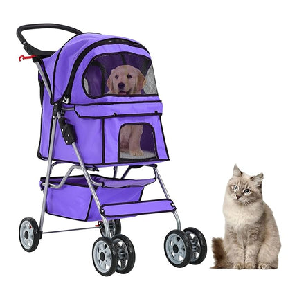 Pet Stroller for Small Medium Dogs & Cats, 4-Wheel Breathable Compact Foldable Dog Carrier with Storage Basket, Outdoor Portable Lightweight Travel Stroller for Camping,Purple