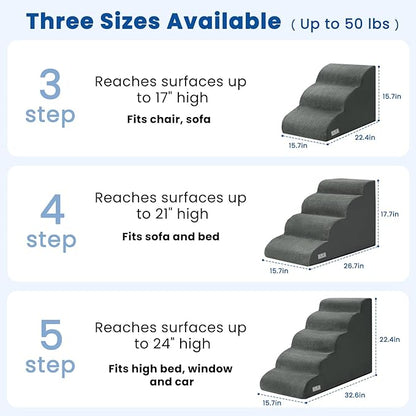 Dog Steps for Bed, 4 Step Pet Stairs for Small and Medium Dogs, Non-Slip Dog Ramp with Washable Cover, High-Density Support Foam for Easy Climbing,Grey