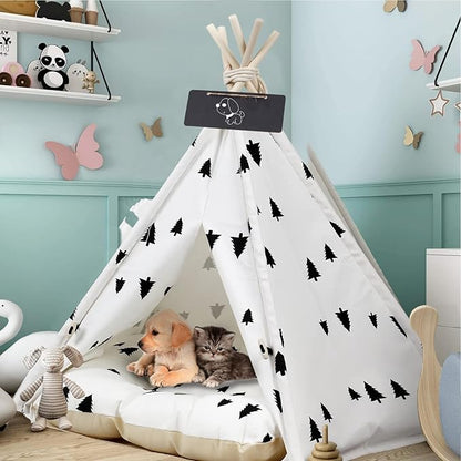 Luxury Pet Teepee Tent for Dogs, Cats & Rabbits Washable Pet House with Removable Cushion & Interactive Blackboard for Puppy Indoor Dog Cat Bed