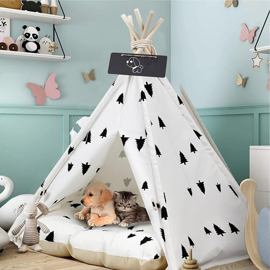 Luxury Pet Teepee Tent for Dogs, Cats & Rabbits Washable Pet House with Removable Cushion & Interactive Blackboard for Puppy Indoor Dog Cat Bed