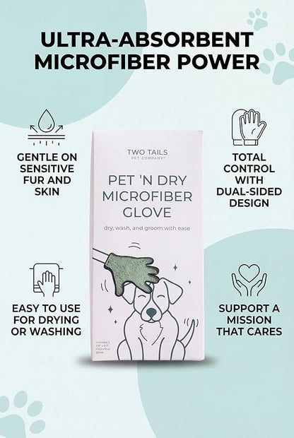 Two Tails Pet Company Pet N’ Dry Microfiber Gloves, Absorbent Dog Drying and Washing Gloves for Paws, Faces, and Coats, Soft, Lightweight, Fast Drying, Gentle on Sensitive Fur, Grooming Dog Supplies
