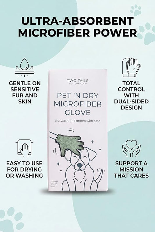 Two Tails Pet Company Pet N’ Dry Microfiber Gloves, Absorbent Dog Drying and Washing Gloves for Paws, Faces, and Coats, Soft, Lightweight, Fast Drying, Gentle on Sensitive Fur, Grooming Dog Supplies