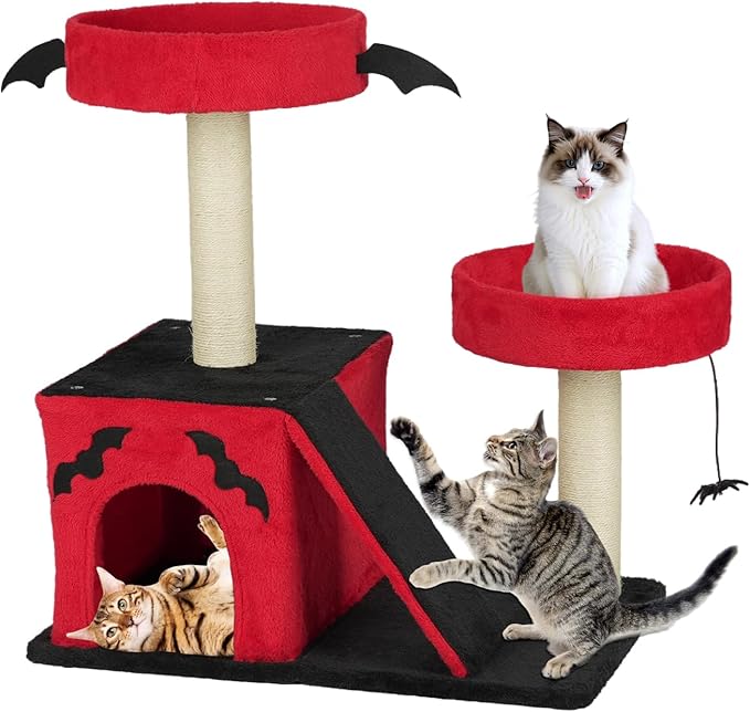 VINGLI 27.6in Gothic Cat Tree with Spacious Cat Condo & 2 Padded Perches, Red & Black Cat Tower with Scratching Ladder, Sisal Posts & Spider Toy for Large Cats