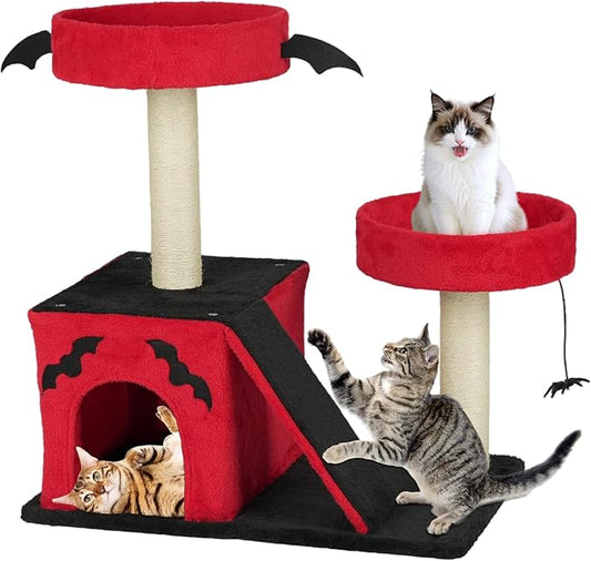 VINGLI 27.6in Gothic Cat Tree with Spacious Cat Condo & 2 Padded Perches, Red & Black Cat Tower with Scratching Ladder, Sisal Posts & Spider Toy for Large Cats