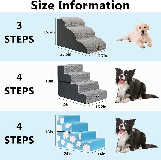 Dog Stairs Pets Steps 4 Gray Pet Ladder for Sofa Couch and Bed Made of High Density Sponge Stairs with Removable Washable Cover Non-Slip Base 18" H