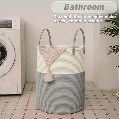 Large Woven Laundry Basket Hamper,60L Cotton Rope Storage Bin for Blankets,Toys and Clothes,Decorative Tall Nursery Hamper for Living Room,Baby Nursery,Bathroom and Bedroom,White and Grey
