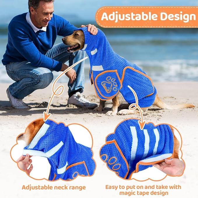 SlowTon Dog Bathrobe Towel - Super Absorbent Microfiber Pet Quick Drying Towel, Wearable Soft Bath Robes for After Bath Shower Swim Wet Walk, Adjustable for Small Middle Large Dogs (Blue, M)