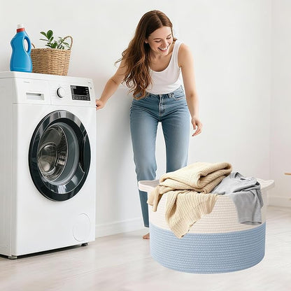 65L Large Blanket Basket,19.7" L x 19.7" W x 13" H Rope Woven Baskets with Handles, Toys Storage Bins,Laundry Basket Perfect for Living Room, Nursery,Bedroom,Home Organization,White&Blue