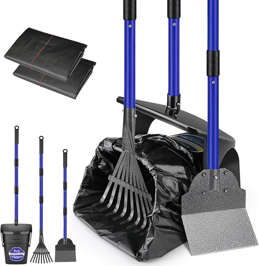 SlowTon Dog Pooper Scooper - 37.4" Long Metal Handle Adjustable Rake & Spade & Swivel Bin with 20 Waste Bags, Portable Pooper Scooper for Gravel Lawn Grass, Suit for Small Medium Large Dog