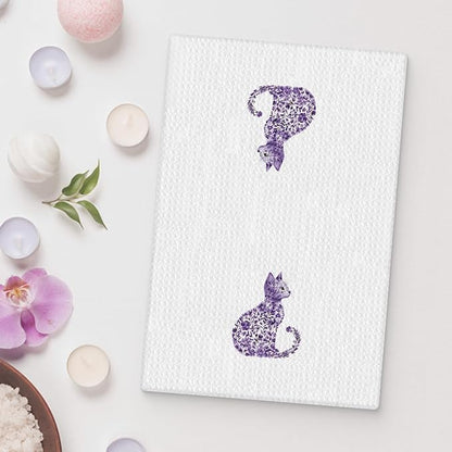 Purple Floral Cat Kitchen Towels, Cat Lovers Mom Lady Gifts Hand Towels for Bathroom, Kitty Kitten Dish Tea Towels for Kitchen Decor, 16x24 Inch