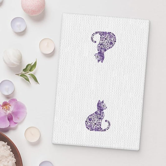 Purple Floral Cat Kitchen Towels, Cat Lovers Mom Lady Gifts Hand Towels for Bathroom, Kitty Kitten Dish Tea Towels for Kitchen Decor, 16x24 Inch