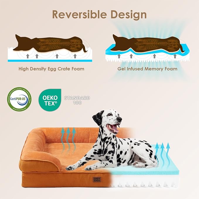 EHEYCIGA Orthopedic Dog Beds for Extra Large Dogs, Waterproof Memory Foam XXL Dog Bed with Sides, Non-Slip Bottom and Egg-Crate Foam Big Pet Couch Bed with Washable Removable Cover,Pumpkin Orange