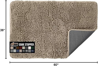 GORILLA GRIP SoakSTOPPER Dog Door Mat, 60x36 Machine Washable Rug Absorbent Doormat Captures Moisture Mud Dirt, Quick Dry Soft Chenille Entryway Rugs Indoor Entrance Mats for Dog Paws, Beige