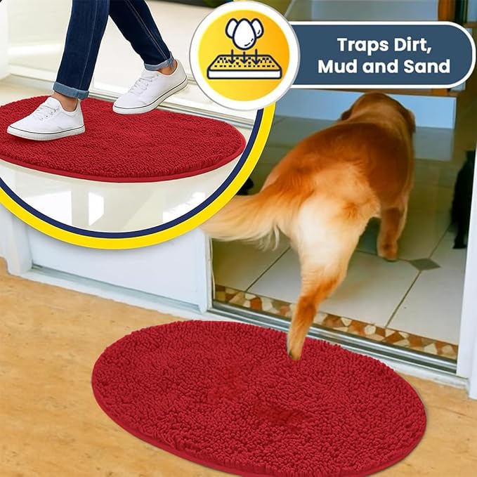 Muddy Mat® Shown on TV – Super Absorbent Microfiber Dog Door Mat for Muddy Paws, Non-Slip Washable Pet Rug, Quick Dry Chenille Entryway Carpet, Machine Washable Indoor Outdoor Mat, Red Oval 6ft x 9ft