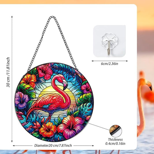 Stained Glass Window Hanging, 7.8″ Flamingo Sun Catchers with Hook Indoor Window Summer Decor, Decorative Suncatchers Hanging Ornaments Home Garden Art Gift for Housewarming