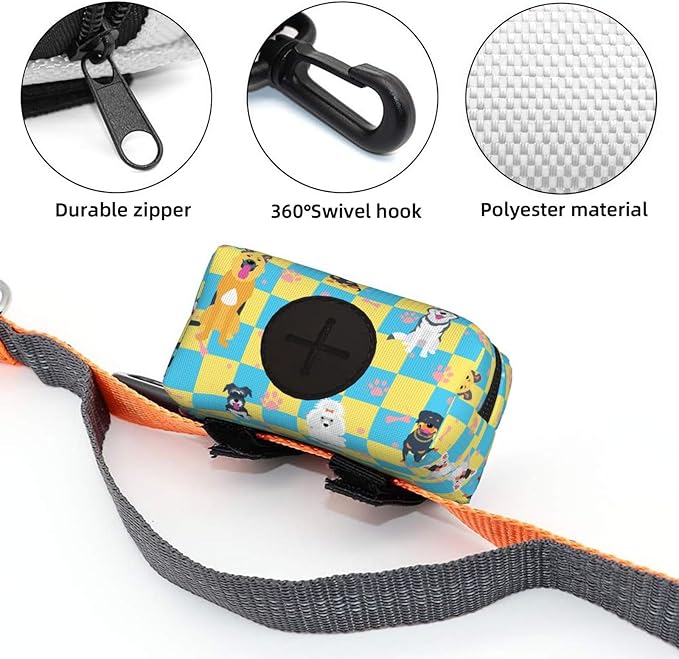 Dog Poop Bag Holder for Leashes - Lightweight Pet Waste Bags Dispenser Doggy Zippered Pouch for Puppy Walking Accessories(Plaid Dog Paw Print Bones)