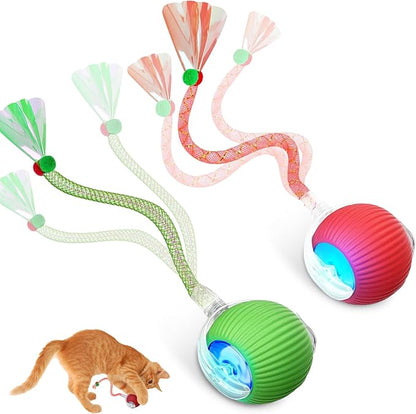 Interactive Cat Toys for Indoor Cats, Automatic Kitten Toys for Bored Indoor Adult Cats, Smart Kitten Rolling Ball Moving Balls Toy, Rechargeable Cat Ball for Enrichment Exercise (Red+Green)