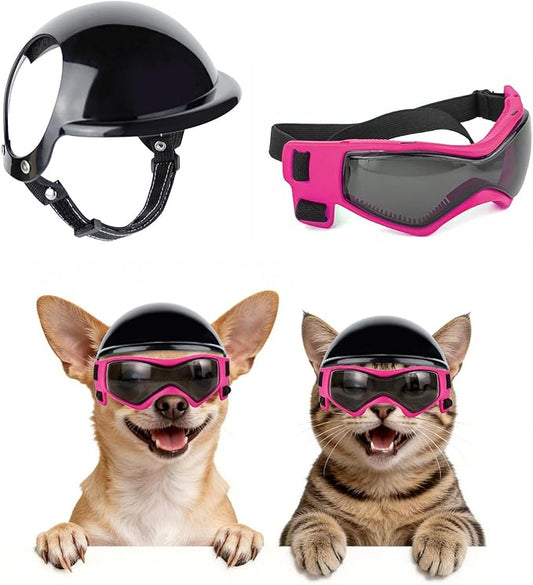 PETLESO Extra Small Dog Helmet and Dog Goggles Set, XS Pet Safety Hat with Ear Holes, Anti-UV Pet Sunglasses, Head & Eyes Protection for Puppy and Adult Cats, Pink