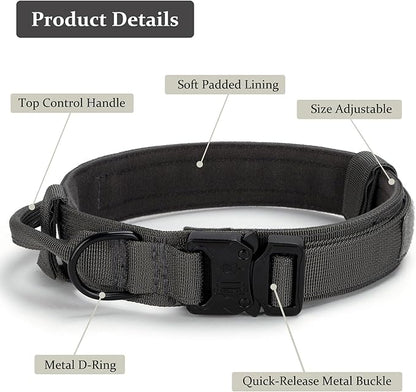 Tactical Dog Collar, Adjustable Military Training Nylon Dog Collar with Control Handle and Heavy Quick-Release Metal Buckle for Small Medium Large Dogs, Grey XXL