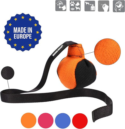 Dingo Gear French Linen Ball for Dog Training, as Reward for Fetch tug of war, with Long Handle, Handmade, Orange-Black S02814