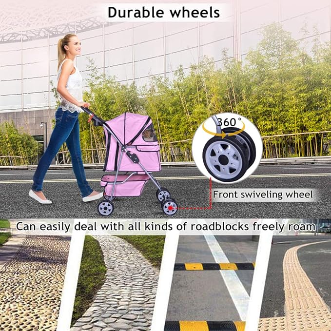 4 Wheels Pet Stroller Cat Dog Cage Stroller Travel Folding Carrier with Cup Holders and Removable Liner for Small-Medium Dog, Cat (Pink)