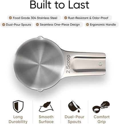 Color Up 2 Scoop (2 Cup / 480 ml) Stainless Steel Pet Food Measuring Scoop for Dogs, Cats, Rabbits & Birds – Dual Pour Spouts, Ergonomic Handle, Dishwasher Safe
