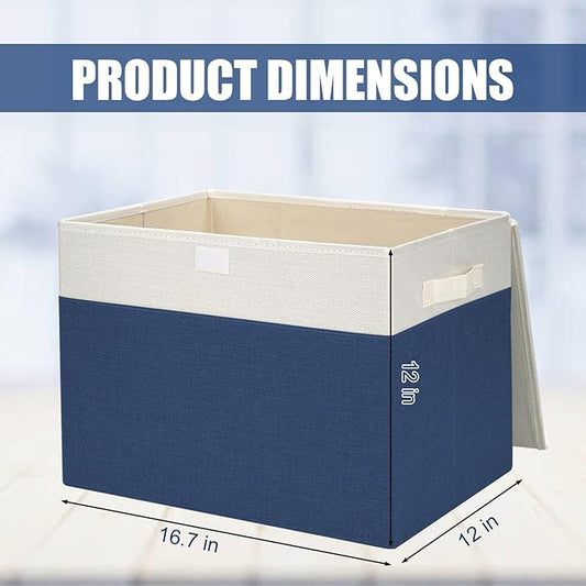 Large 42 Quarts Fabric Storage Bins with Lids [2-Pack] Linen Collapsible Foldable Baskets, Closet Organizer Containers boxes with Handles for Home Office (16.7 x 12 x 12, Navy Blue & White)