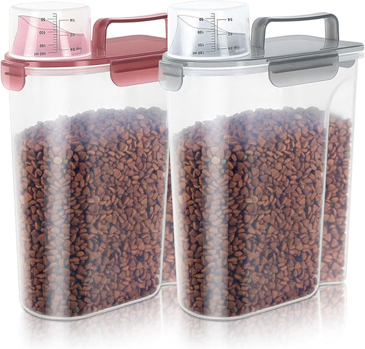 5-7Lbs Dog Cat Food Storage Container with Upgraded Large Nozzle BPA-free, 4 Snap Seals Plastic Pet Food Storage Containers with Handles (Claer(Pink+Grey), 5L-2pack)