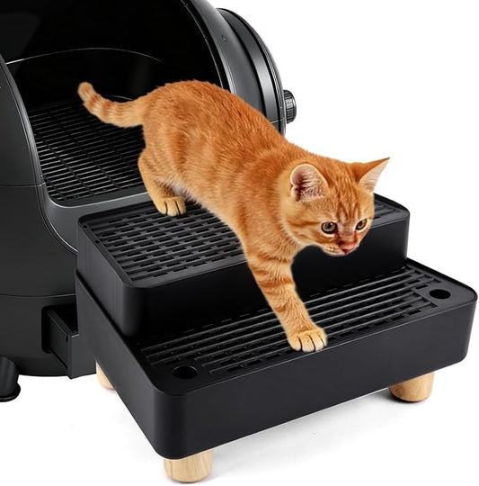 Adjustable 2 Steps Litter Box Ramp, Cat Litter Catcher Mat with Wooden Feet, Filter Function, Litter Box Step for Small & Elderly Cats, Fits Automatic Litter Boxes (Black)