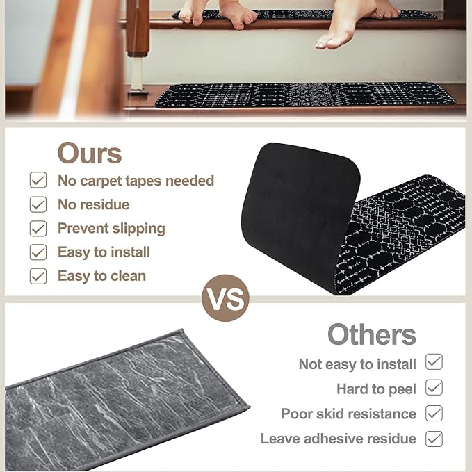 OJIA Stair Treads Non-Slip Stair Runners for Wooden Steps Indoor 15PCS 30"x8" Carpet Stair Treads Stair Mats Staircase Step Treads for Kids, Elders and Dogs, Stair Covers, Black
